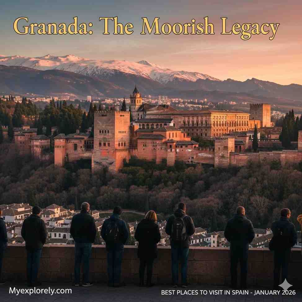 "Best Places to Visit in Spain: A First-Timer’s Guide to 7 Magical Cities" The historic Alhambra fortress complex in Granada, one of the best places to visit in Spain to see Moorish architecture and the Sierra Nevada mountains.