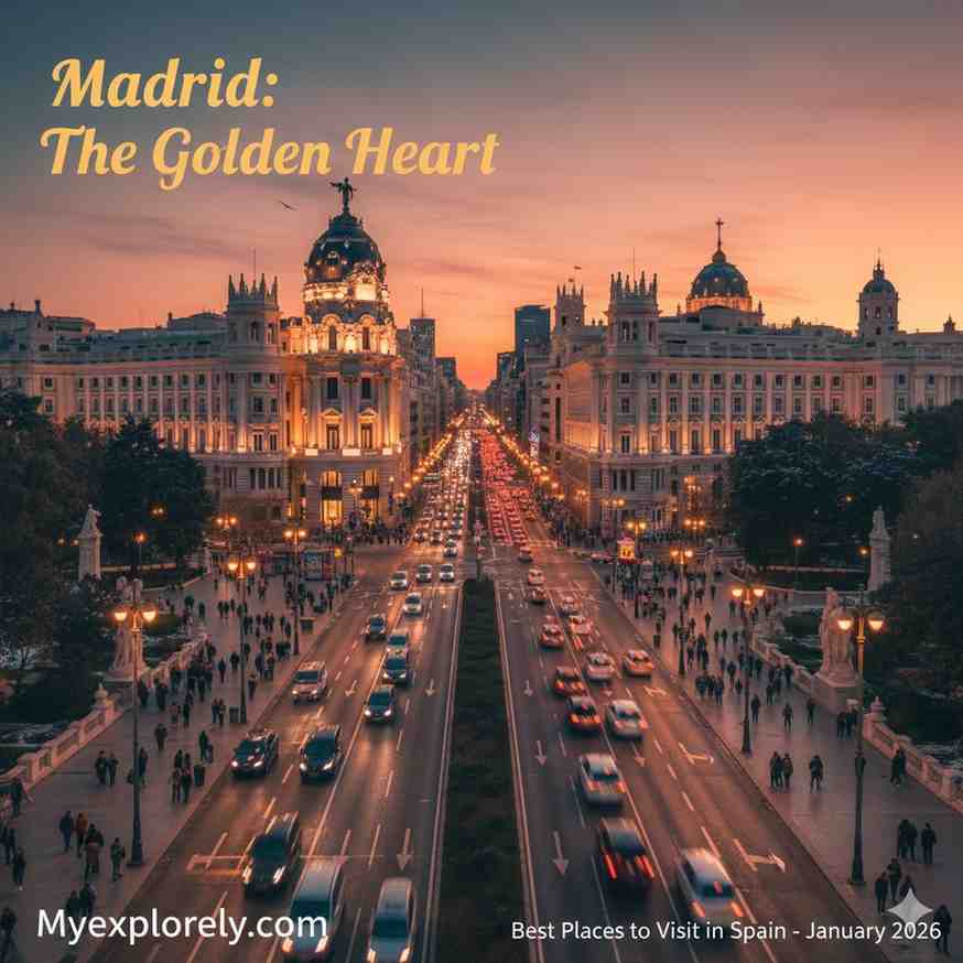 "Best Places to Visit in Spain: A First-Timer’s Guide to 7 Magical Cities" A vibrant view of the Gran Vía in Madrid, highlighted as one of the best places to visit in Spain for culture and architecture.