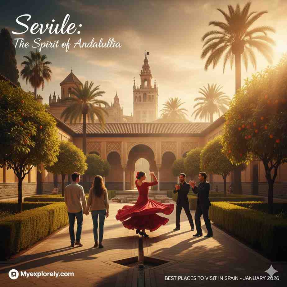 "Best Places to Visit in Spain: A First-Timer’s Guide to 7 Magical Cities" The intricate tiled alcoves of Plaza de España in Seville, widely considered one of the best places to visit in Spain for history and flamenco culture.