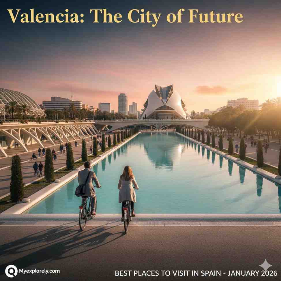 "Best Places to Visit in Spain: A First-Timer’s Guide to 7 Magical Cities" The futuristic architecture of the City of Arts and Sciences in Valencia, a top-rated destination and one of the best places to visit in Spain for modern design and science.