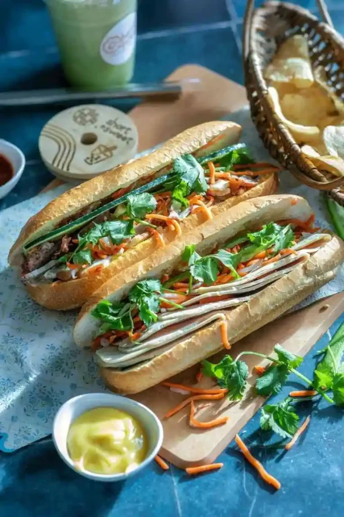 Bánh Mì Vietnamese sandwich filled with grilled meat, pickled vegetables, and herbs Bánh Mì Vietnamese sandwich filled with grilled meat, pickled vegetables, and herbs